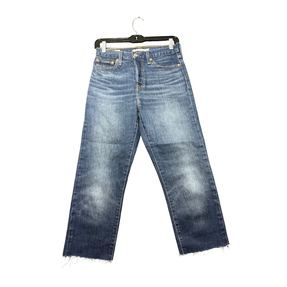Levi's Wedgie Straight Jeans Women 25 Blue Excellent High Rise Raw Hem